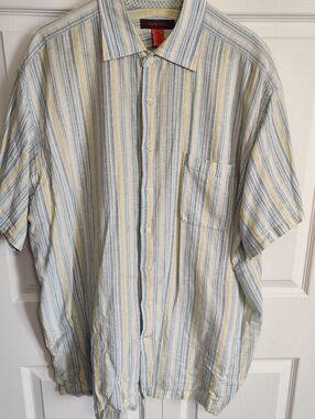 Nyne Men's 1X Big Button Down Shirt Light Blue Yellow Stripes Short Sleeve Tee
